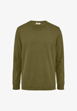 Olivgrünes Langarmshirt mit Rundhalsausschnitt, gerippten Bündchen und Halslinie, unifarben, auf weißem Hintergrund dargestellt.