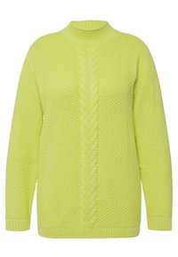 Sweter z długim rękawem w kolorze limonki, dzianinowy, z teksturowanym wzorem i centralnym splotem warkoczowym, z prążkowanym, wysokim dekoltem, mankietami i dołem.