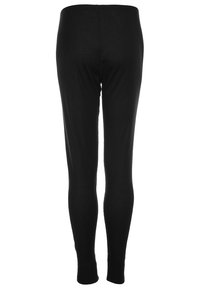 Sorte leggings laget av et elastisk stoff, med en glatt tekstur og tettsittende design. Ingen synlige mønstre eller detaljer i maskinvare.