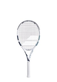 Tennisketcher med en hvid ramme, sorte og teal accenter, åben strengmønster og en tekstureret hvid greb.