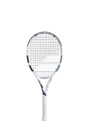 Tennisketcher med en hvid ramme, sorte og teal accenter, åben strengmønster og en tekstureret hvid greb.