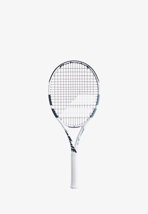 Tennisketcher med en hvid ramme, sorte og teal accenter, åben strengmønster og en tekstureret hvid greb.