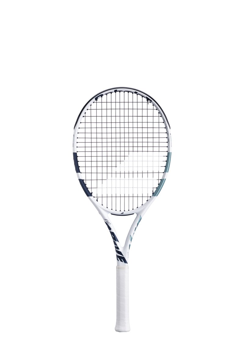 Tennisketcher med en hvid ramme, sorte og teal accenter, åben strengmønster og en tekstureret hvid greb.