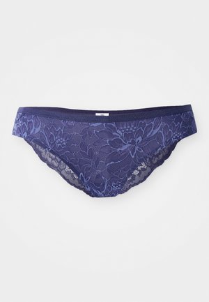 Navy lace panties with floral pattern, featuring a soft elastic waistband and delicate scalloped edges. Semi-sheer material enhances texture.