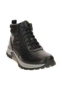 Zwarte leren hoge boot met zijrits, vetersluiting aan de voorkant, gewatteerde kraag en dikke grijze zool voor buiten of casual gebruik.