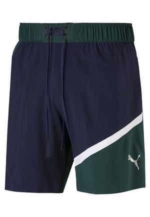 Marineblaue und grüne Sportshorts mit einem weißen diagonalen Streifen und Puma-Logo. Hergestellt aus atmungsaktivem Material, mit einem elastischen Bund und Kordelzug.