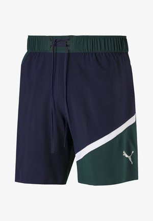 Shorts de sport bleu marine et vert avec une bande diagonale blanche et le logo Puma. Fabriqués en tissu respirant, dotés d'une taille élastique avec cordon de serrage.