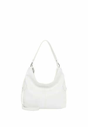 Hvid skuldertaske i læder med lynlåslukning, justerbar rem og sidelommer mod en ensfarvet hvid baggrund.