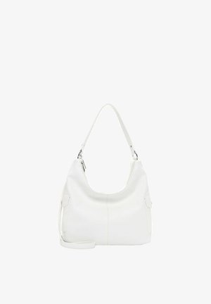 Witte leren schoudertas met ritssluiting, verstelbare riem en zijvakken tegen een effen witte achtergrond.