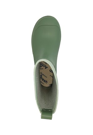 Grüner Gummi-Stiefel mit einem strukturierten Innenfutter und einer Schlaufe hinten für einfaches Anziehen. Glatte Oberfläche mit abgerundetem Zehendesign.