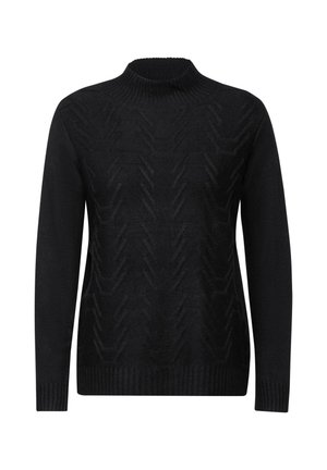 Schwarzer Pullover mit hohem Kragen, langen Ärmeln, der ein strukturiertes Zickzackmuster aufweist sowie gerippte Bündchen und Saum.