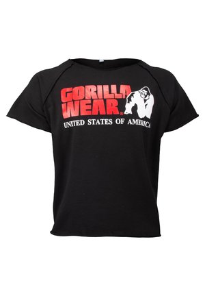 Zwarte katoenen t-shirt met korte mouwen. Voorzien van "GORILLA WEAR" en "VERENIGDE STATEN VAN AMERIKA" gedrukt in vetgedrukt rood en witte letters.