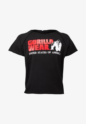 Zwarte katoenen t-shirt met korte mouwen. Voorzien van "GORILLA WEAR" en "VERENIGDE STATEN VAN AMERIKA" gedrukt in vetgedrukt rood en witte letters.