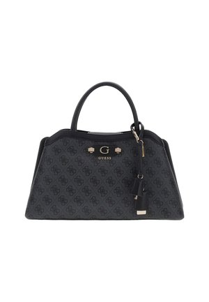 Sac à main noir Guess avec motif monogramme, double poignée supérieure, logo métallique "G" et pampilles en cuir décoratives suspendues sur le côté.
