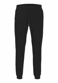Black jogger pants made of soft fabric, featuring a drawstring waist, side zip pockets, and tapered legs with ribbed cuffs.