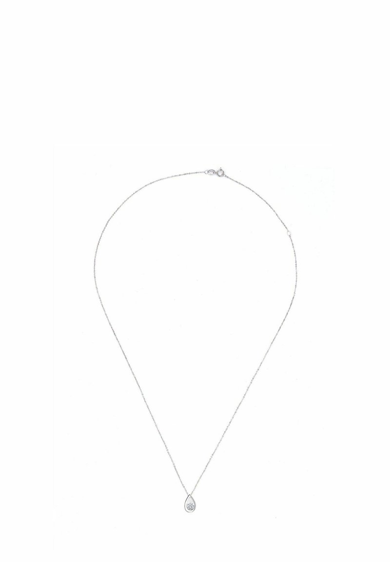 Delikatus sidabrinis grandinėlės vėrinys su ašaros formos pakabuku, kuriame yra vienas skaidrus brangakmenis.