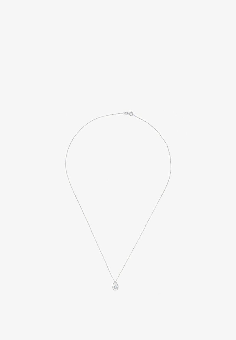 Delikatus sidabrinis grandinėlės vėrinys su ašaros formos pakabuku, kuriame yra vienas skaidrus brangakmenis.