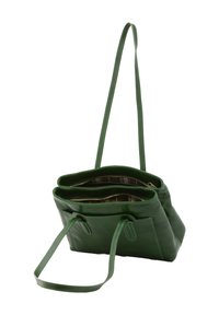 Borsa tote verde in pelle con due scomparti con zip, manici lunghi, texture lucida e un rivestimento in tessuto a scacchi.