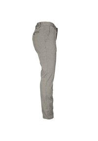 Graue, schmal geschnittene Hose aus einem strukturierten Stoff. Verfügt über einen standardmäßigen Bund und Seitentaschen. Sauberes Design ohne sichtbare Muster.