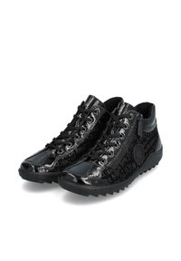 Black high-top shoes with a glossy finish. Features textured side panels with printed text. Rubber outsole with a zigzag tread pattern.