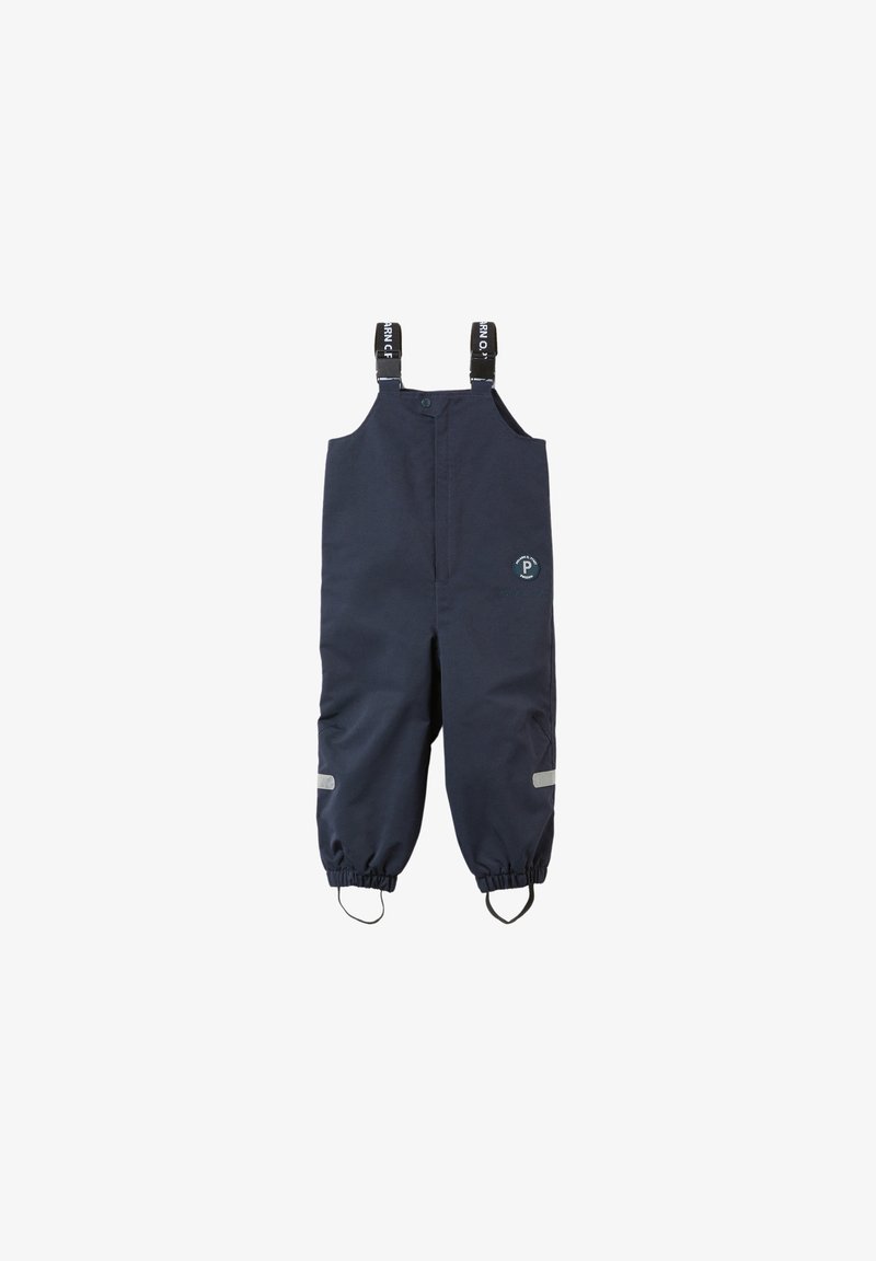 Navyfarbene wasserfeste Latzhose mit elastischen Bündchen, verstellbaren Schulterträgern und reflektierenden Akzenten für Sichtbarkeit. Hergestellt aus strapazierfähigem Material.