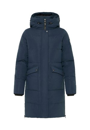 Temno modra podložena jakna s kapuco, zadrgo na sprednji strani, z zapinjanjem na gumb in dvema sprednjima žepoma. Pletene manšete in logotip na levem rokavu.