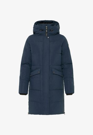 Manteau matelassé bleu marine avec capuche, fermeture éclair à l'avant, boutons-pression, et deux poches avant. Poignets côtelés et logo sur la manche gauche.