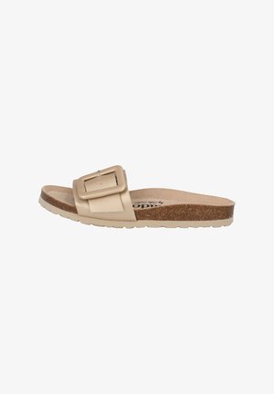 Beige Rutschsandale mit einem breiten Riemen und rechteckiger Schnalle. Korkfußbett und strukturiertes Gummisohle für Komfort und Unterstützung.