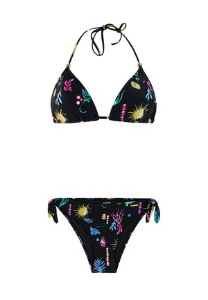 Zwarte bikini met kleurrijke abstracte patronen van koraal en zon, met strikbandjes aan de halternek van het bovenstuk en aan de zijkanten van de broekjes.