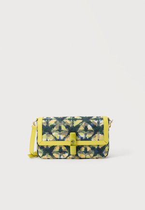 Rectangular shoulder bag with yellow trim and clasp, featuring a multicolor abstract pattern in dark green, yellow, and blue tones.