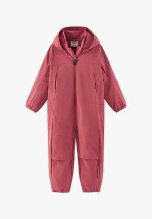 Jednoczęściowy kombinezon dziecięcy z softshellu w stonowanym różowym kolorze, z kapturem, zamkiem z przodu, elastycznymi mankietami oraz wzmocnieniami na kolanach.