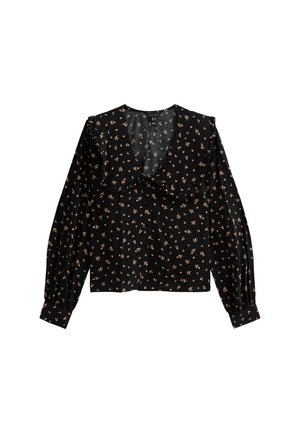 Zwarte blouse met lange, opgeblazen mouwen, een diepe V-hals en een bloemenpatroon in beige en oranje. Zacht, lichtgewicht materiaal voor comfort.