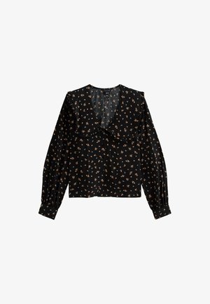 Blouse noire à manches longues bouffantes, décolleté en V profond, et motif floral beige et orange. Tissu doux et léger pour un maximum de confort.