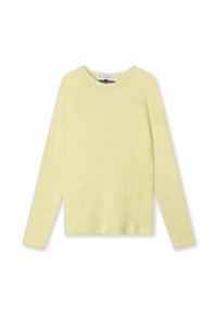 Maglione giallo chiaro a maniche lunghe con scollo rotondo, realizzato in un tessuto morbido e testurizzato. Design semplice, senza motivi o accentuazioni visibili.