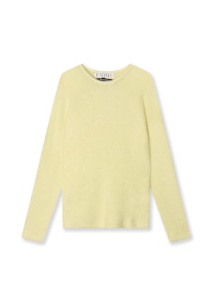 Maglione giallo chiaro a maniche lunghe con scollo rotondo, realizzato in un tessuto morbido e testurizzato. Design semplice, senza motivi o accentuazioni visibili.