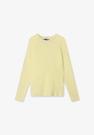 Maglione giallo chiaro a maniche lunghe con scollo rotondo, realizzato in un tessuto morbido e testurizzato. Design semplice, senza motivi o accentuazioni visibili.
