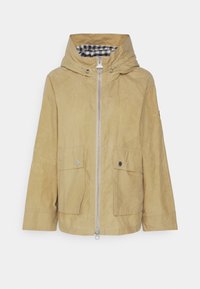 Khaki bunda se zipovým uzávěrem, dvěma bočními kapsami a kapucí. Podšívka s černobílým kostkovaným vzorem. Měkká, strukturovaná látka.