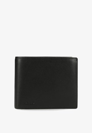 Zwarte lederen bifold portemonnee voor mannen met discreet Picard-logo geperst in de linkeronderhoek, eenvoudige en gladde textuur afwerking.