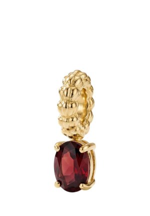 Goldener Ring mit strukturiertem Band und einem großen ovalen tiefroten Edelstein, der von vier Krappen gehalten wird.