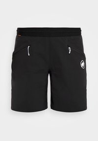 Black swim shorts made of lightweight material. Features a drawstring waist, two side zip pockets, and a logo on the lower right side.