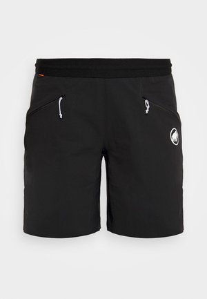 Schwarze Badeshorts aus leichtem Material. Mit einem Kordelzugbund, zwei seitlichen Reißverschlusstaschen und einem Logo auf der unteren rechten Seite.