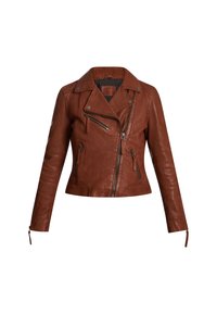 Braune Leder-Motorradjacke mit tailliertem Design, asymmetrischem Frontreißverschluss und Reißverschlusstaschen an den Seiten und den Ärmeln.