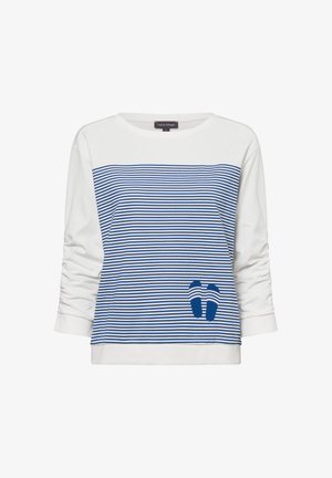 Weißes Langarmshirt mit horizontalem blau-weißen Streifendesign und einem blauen Flip-Flop-Grafik auf der Vorderseite. Weicher Stoff.