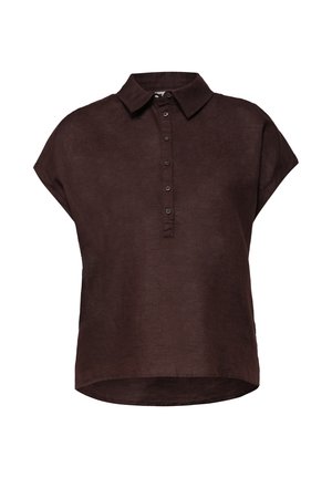Mørkebrun linnedbluse med kortærmet, krave og seks knapper i slaget, lidt længere bagpå.