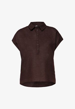 Mørkebrun linnedbluse med kortærmet, krave og seks knapper i slaget, lidt længere bagpå.
