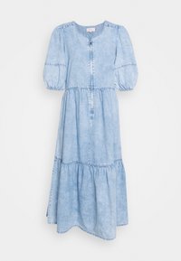 Ljusblå denimklänning med puffärmar, rund halsringning, framdragkedja och lagerkjol. Har insamlat detaljer vid midjan och ärmarna.