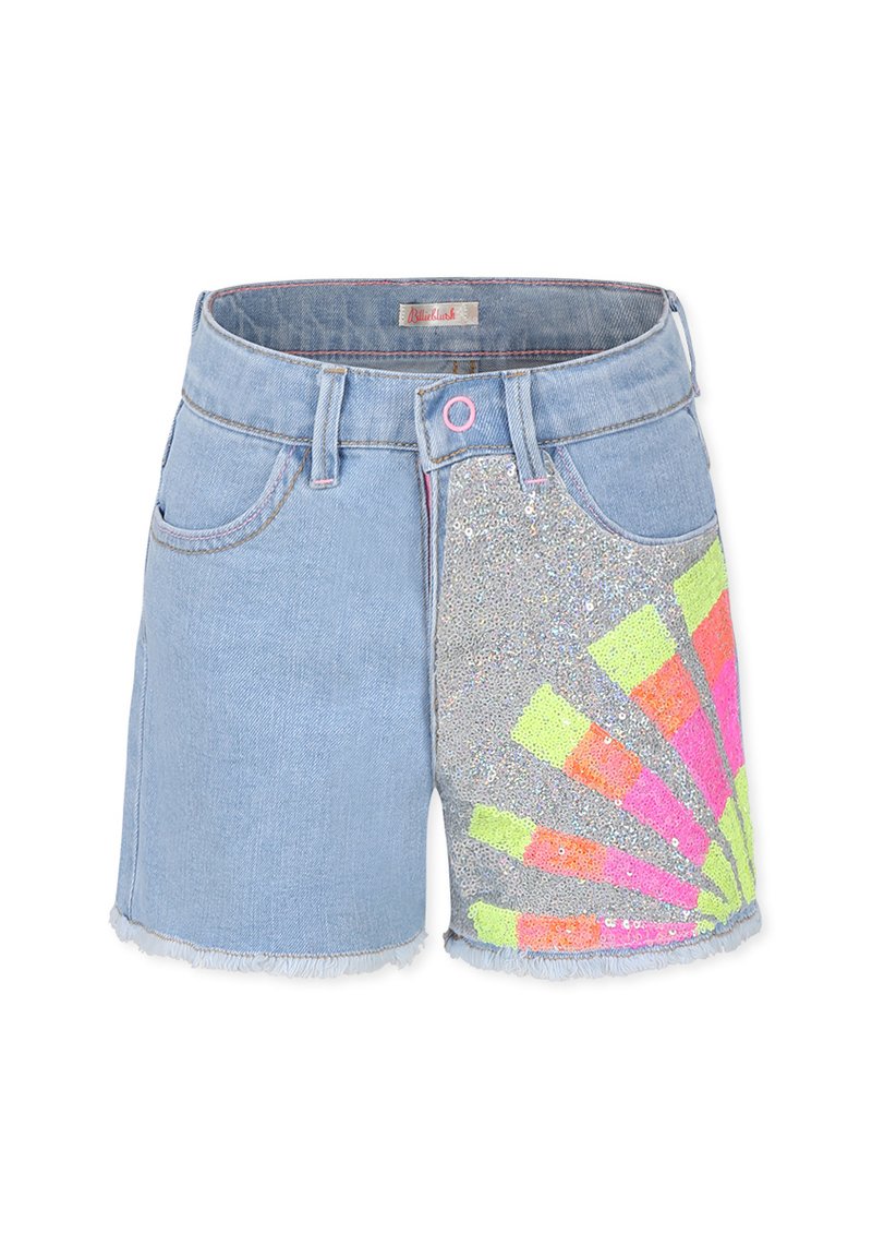 Shorts in denim con un lavaggio azzurro chiaro, orlo sfrangiato e un motivo solare di paillettes colorate in rosa neon, arancione, verde e argento.
