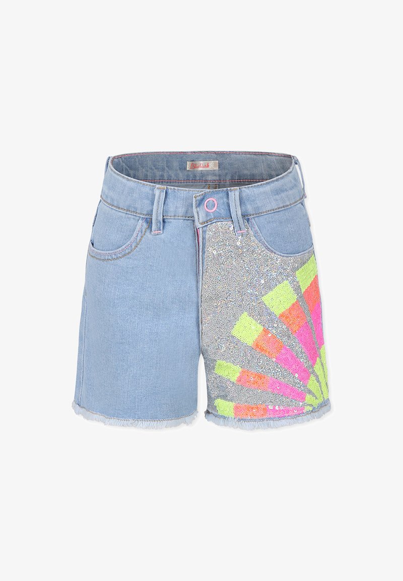 Shorts in denim con un lavaggio azzurro chiaro, orlo sfrangiato e un motivo solare di paillettes colorate in rosa neon, arancione, verde e argento.