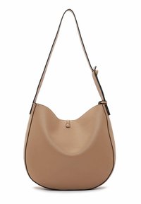 Brązowa skórzana torba na ramię o zaokrąglonym kształcie, teksturowanej powierzchni i kontrastujących czarnych krawędziach. Posiada jeden regulowany pasek.