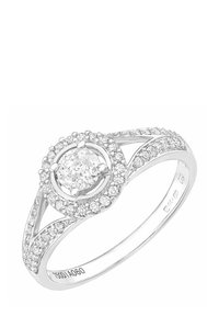 Pierścionek z białego złota z centralnym okrągłym diamentem otoczonym mniejszymi diamentami w designie halo. Podwójna obrączka z rozdzielonym szpikulcem z diamentami akcentującymi.